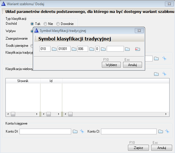 WAPRO Fakir. Okno - Wariant szablonu / Dodaj, definiowanie symbolu klasyfikacji tradycyjnej