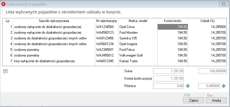 WAPRO Fakir. Okno - lista wybranych pojazdów