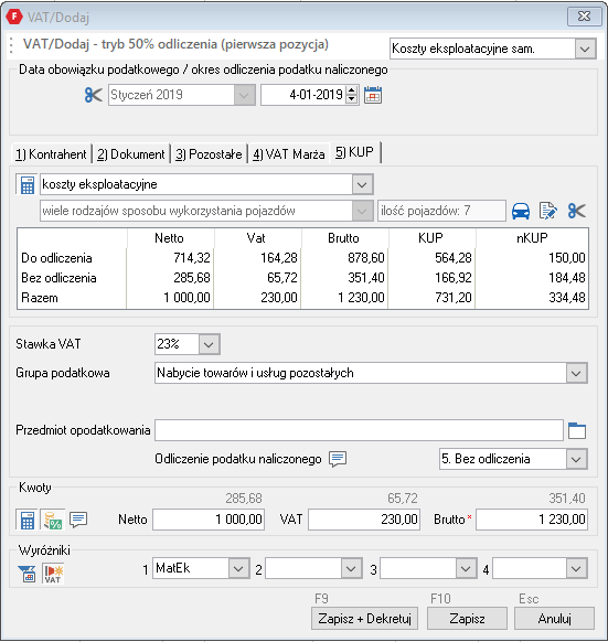 WAPRO Fakir. Okno - VAT / Dodaj, wybran parametry do zarejestrowania pozycji VAT