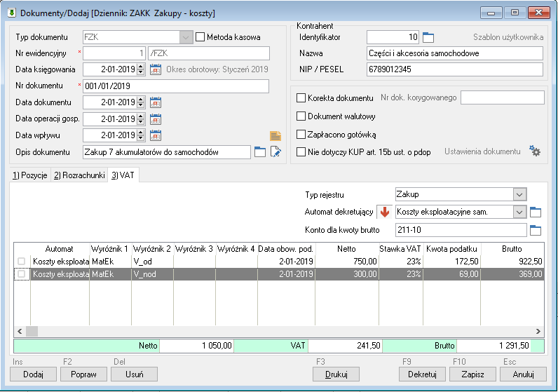 WAPRO Fakir. Okno - Dokumenty / Dodaj, zakładka: VAT, zarejestrowane dwie pozycje VAT