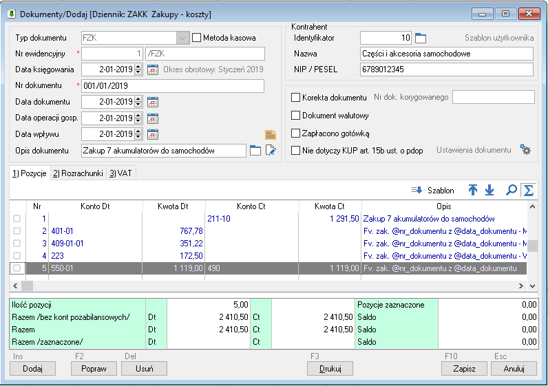 WAPRO Fakir. Okno - Dokumenty / Dodaj, zakładka: Pozycje, zaksięgowane kup i nkup na odpowiednie konta księgowe