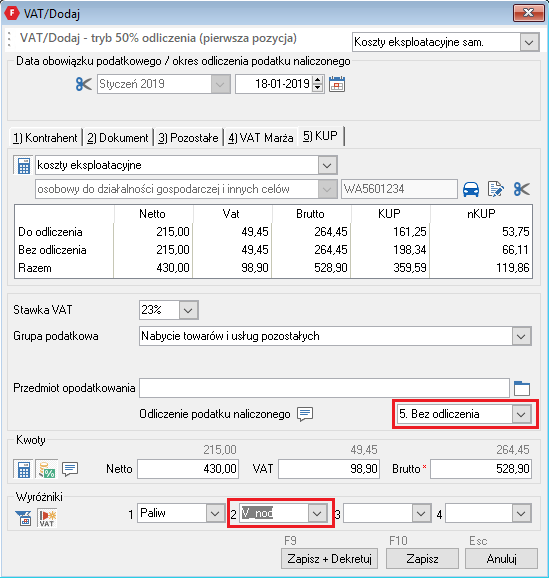 WAPRO Fakir. Okno - VAT / Dodaj, zdefiniowane parametry VAT dokumentu