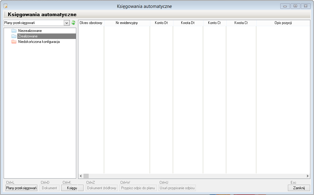 WAPRO Fakir. Okno - Księgowania automatyczne, Plany przeksięgowań, pusta lista
