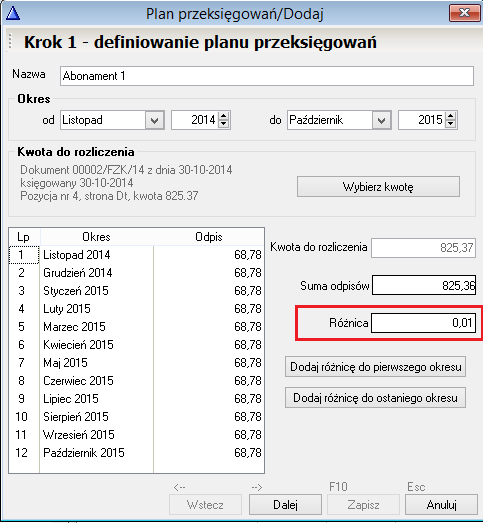 WAPRO Fakir. Okno - Plan przeksięgowań / Dodaj - krok 1. Widoczna różnica z zaokrągleń
