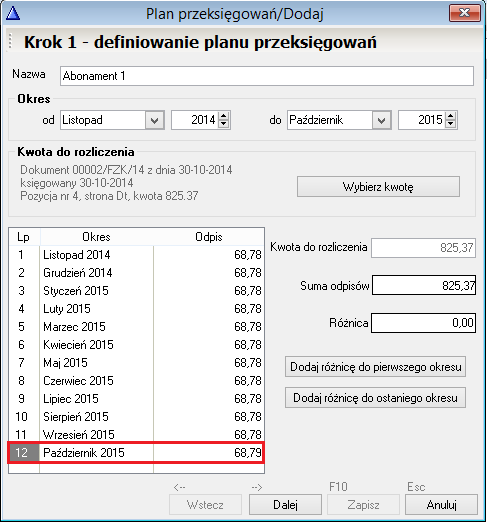 WAPRO Fakir. Okno - Plan przeksięgowań / Dodaj - krok 1. Różnica z zaokrągleń zniwelowana