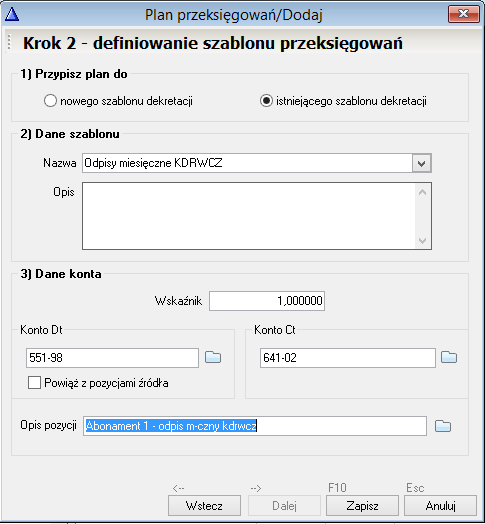WAPRO Fakir. Okno - Plan przeksięgowań / Dodaj - krok 2