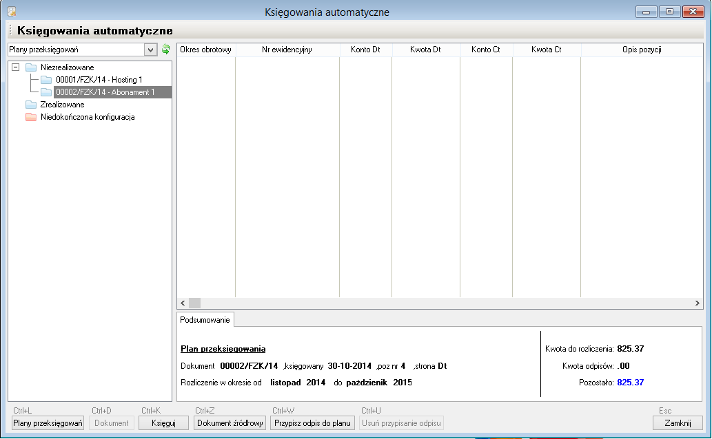 WAPRO Fakir. Okno - Księgowania automatyczne, widoczny kolejny utworzony plan