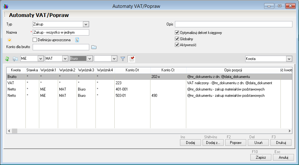 WAPRO Fakir. Okno - Automaty VAT / Popraw, przykład zdefiniowanego automatu zakupu materiałów