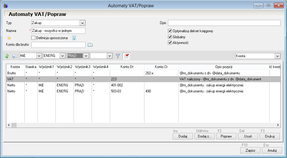 WAPRO Fakir. Okno - Automaty VAT / Popraw, przykład zdefiniowanego automatu zakupu energii elektrycznej