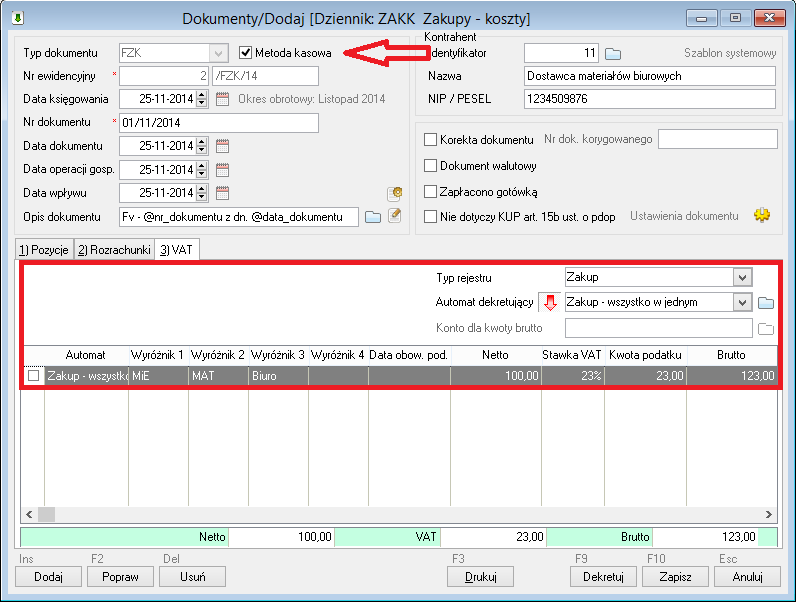 WAPRO Fakir. Okno - Dokumenty / Dodaj, zakładka: &quot;3) VAT&quot;, wybrany automat VAT oraz odpowiednie wyróżniki na pozycji VAT