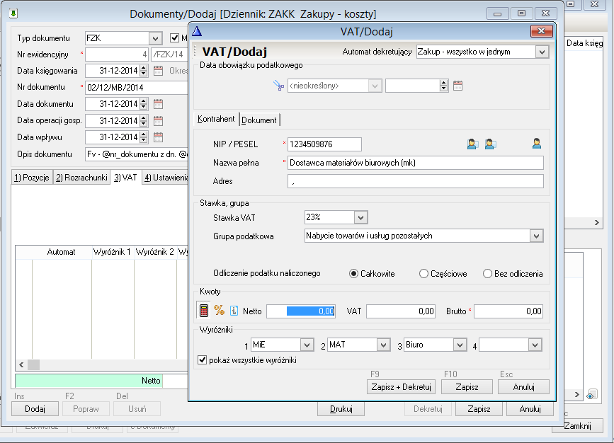 WAPRO Fakir. Okno - VAT / Dodaj, po wybraniu kontrahenta ustawienia dokumentu zg. z zapisanym szablonem 1