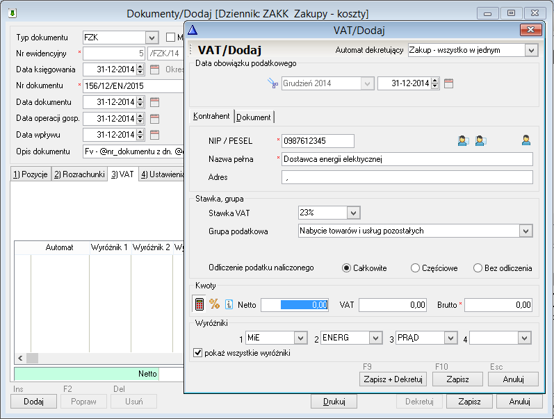 WAPRO Fakir. Okno - VAT / Dodaj, po wybraniu kontrahenta ustawienia dokumentu zg. z zapisanym szablonem 2