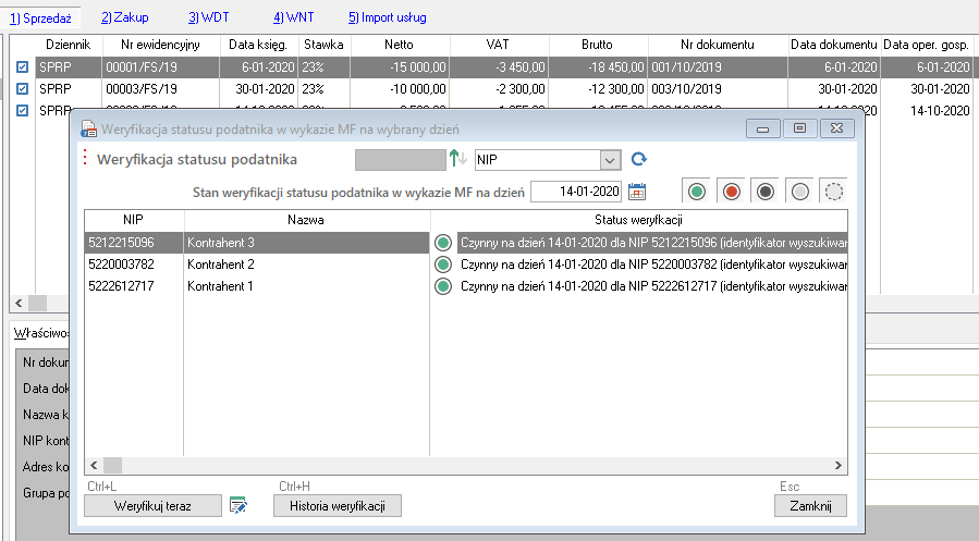 WAPRO Fakir. Okno - Weryfikacja statusu podatnika w wykazie MF na wybrany dzień