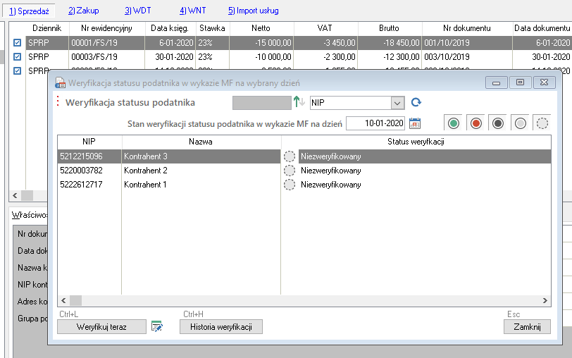 WAPRO Fakir. Okno - Weryfikacja statusu podatnika w wykazie MF na wybrany dzień, status kontrahentów: &quot;Niezweryfikowany&quot;