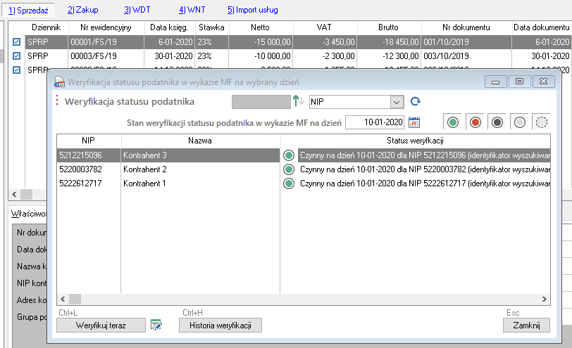 WAPRO Fakir. Okno - Weryfikacja statusu podatnika w wykazie MF na wybrany dzień, status kontrahentów: wynika z przeprowadzonej weryfikacji
