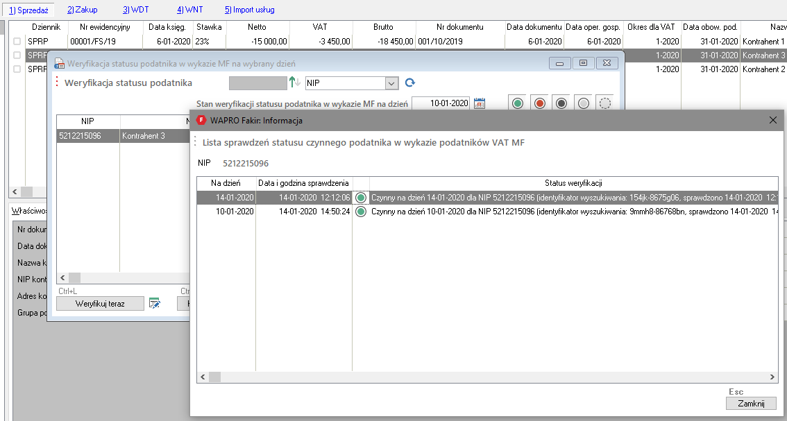 WAPRO Fakir. Okno informacyjne, Lista sprawdzeń statusu czynnego podatnika w wykazie podatników VAT MF