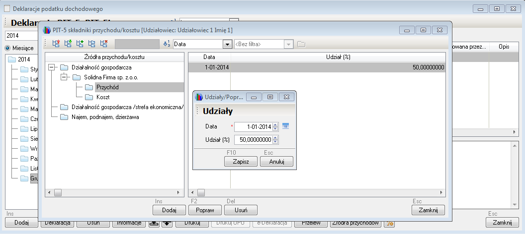 WAPRO Fakir. Okno - PIT-5 składniki przychodu / kosztu, definiowanie udziałowców