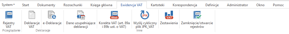 WAPRO Fakir. Główne menu (wstążka), zakładka: Ewidencja VAT