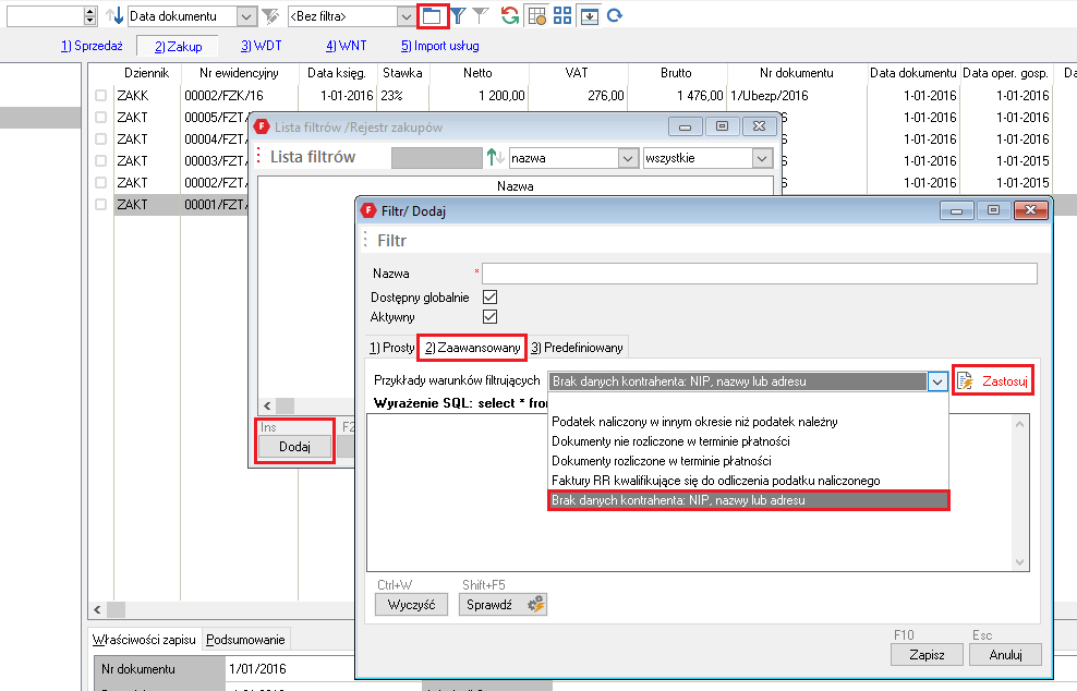 WAPRO Fakir. Okno - Deklaracje VAT, definiowanie parametrów filtrowania