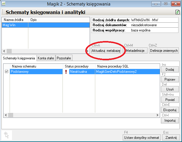 WAPRO Fakir. Okno - Schematy księgowania, Aktualizuj metabazę