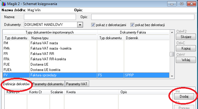 WAPRO Fakir. Okno - Schemat księgowania, zakładka: Definicje dekretów, Dodaj