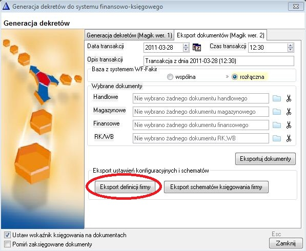 WAPRO Fakir. Okno - Generacja dekretów do programu finansowo-księgowego