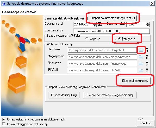 WAPRO Fakir. Okno - Generacja dekretów do systemu finansowo - księgowego