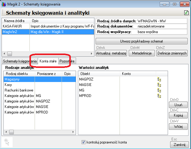 WAPRO Fakir. Okno - Schematy księgowania, zakładka: Konta stałe