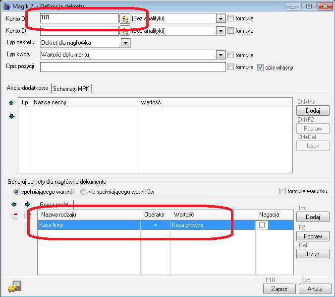 WAPRO Fakir. Okno - Definicja dekretu, przykład definiowania konta kasy