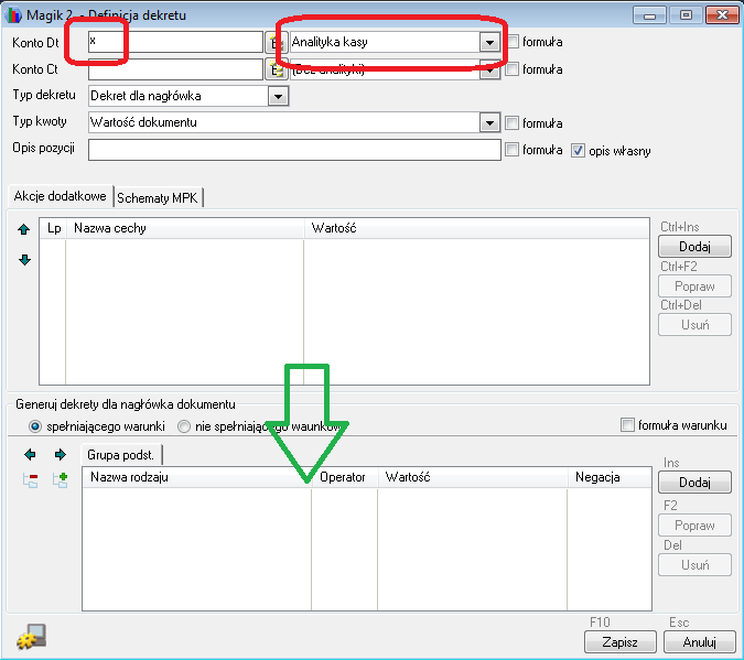 WAPRO Fakir. Okno - Definicja dekretu, analityka kasy