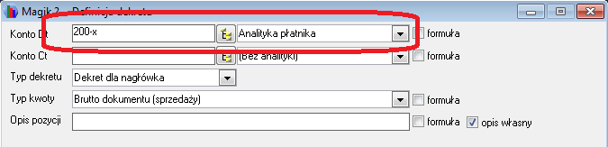 WAPRO Fakir. Okno - Definicja dekretu (fragment), przykład definiownia analityki płatnika