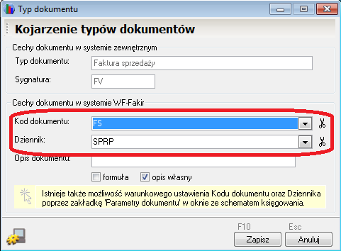 WAPRO Fakir. Okno - Typ dokumentów, kojarzenie typów dokumentów i dzienników