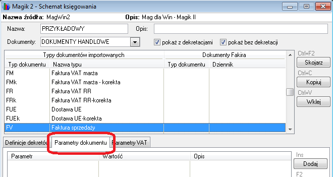 WAPRO Fakir. Okno - Schemat księgowania, zakładka: Parametry dokumentu