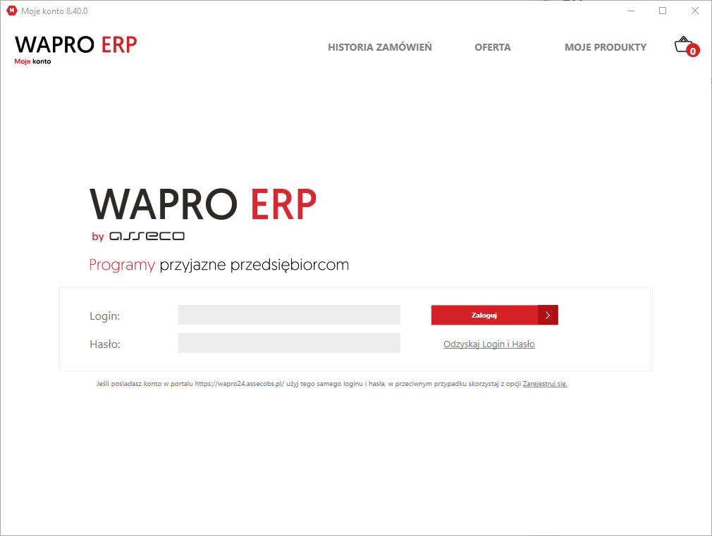 WAPRO Fakir. Partner Wapro - okno logowania