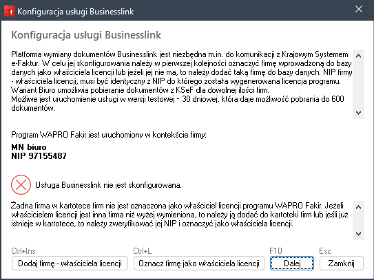 WAPRO Fakir. Kreator konfiguracji usługi Businesslink przed przypisaniem firmy właściciela licencji