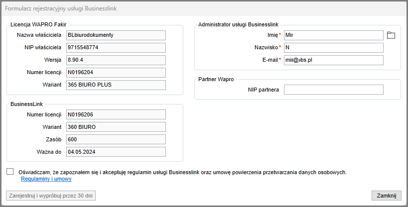 WAPRO Fakir. Okno - Formularz rejestracyjny usługi Businesslink