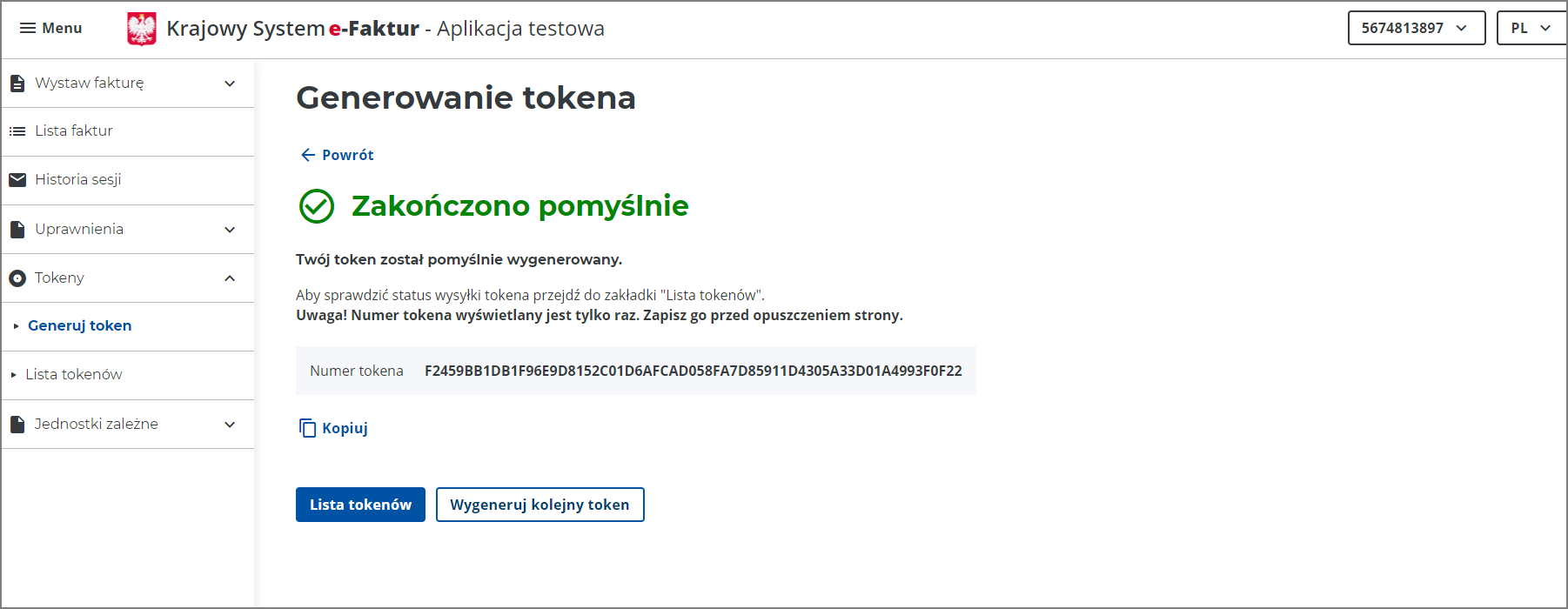 WAPRO Fakir. Aplikacja KSeF -token wygenerowany