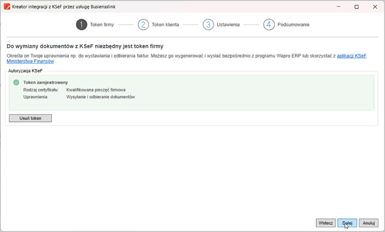 WAPRO Fakir. Okno - Konfiguracja usługi Businesslink, zakładka "2) Uprawnienia KSeF", widok listy firm z zarejestrowanymi tokenami (1)