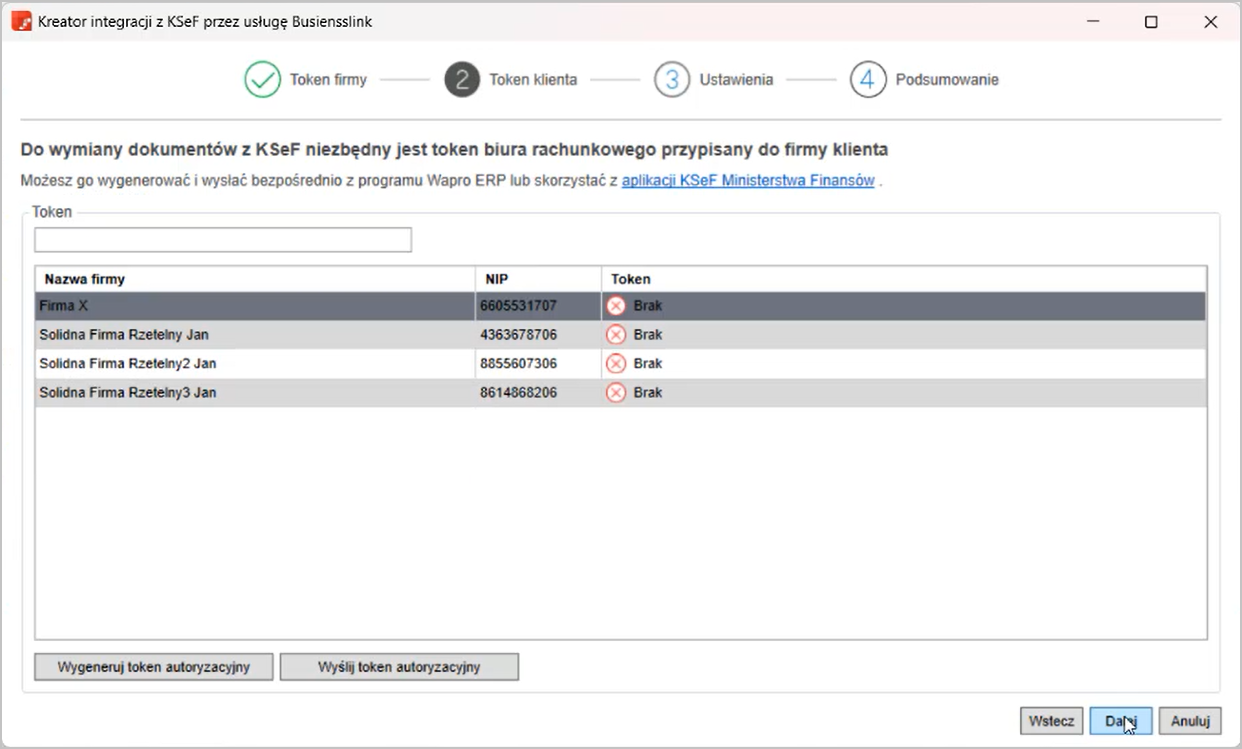 WAPRO Fakir. Okno - Konfiguracja usługi Businesslink, zakładka "2) Uprawnienia KSeF", widok listy firm z zarejestrowanymi tokenami (2)