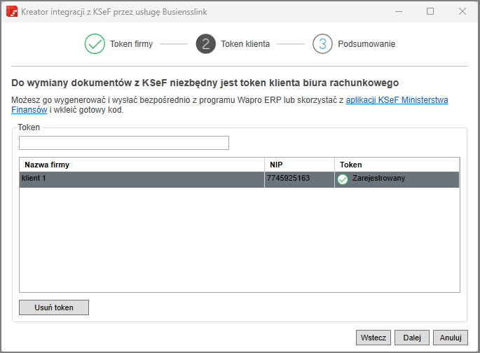WAPRO Fakir. Okno - Konfiguracja usługi Businesslink, zakładka &quot;2) Uprawnienia KSeF&quot;, widok listy firm z zarejestrowanymi tokenami (2)
