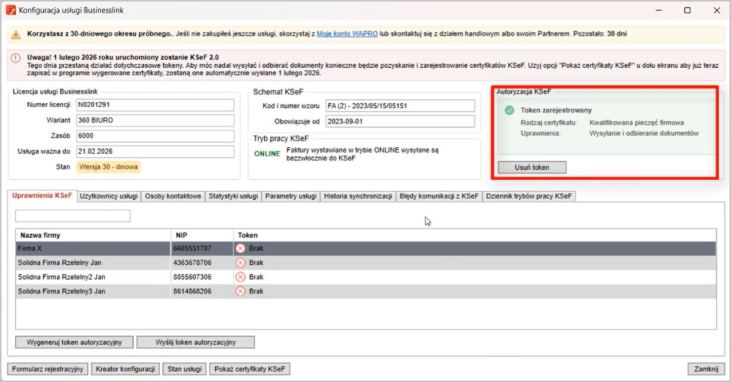 WAPRO Fakir. Okno - Konfiguracja usługi Businesslink