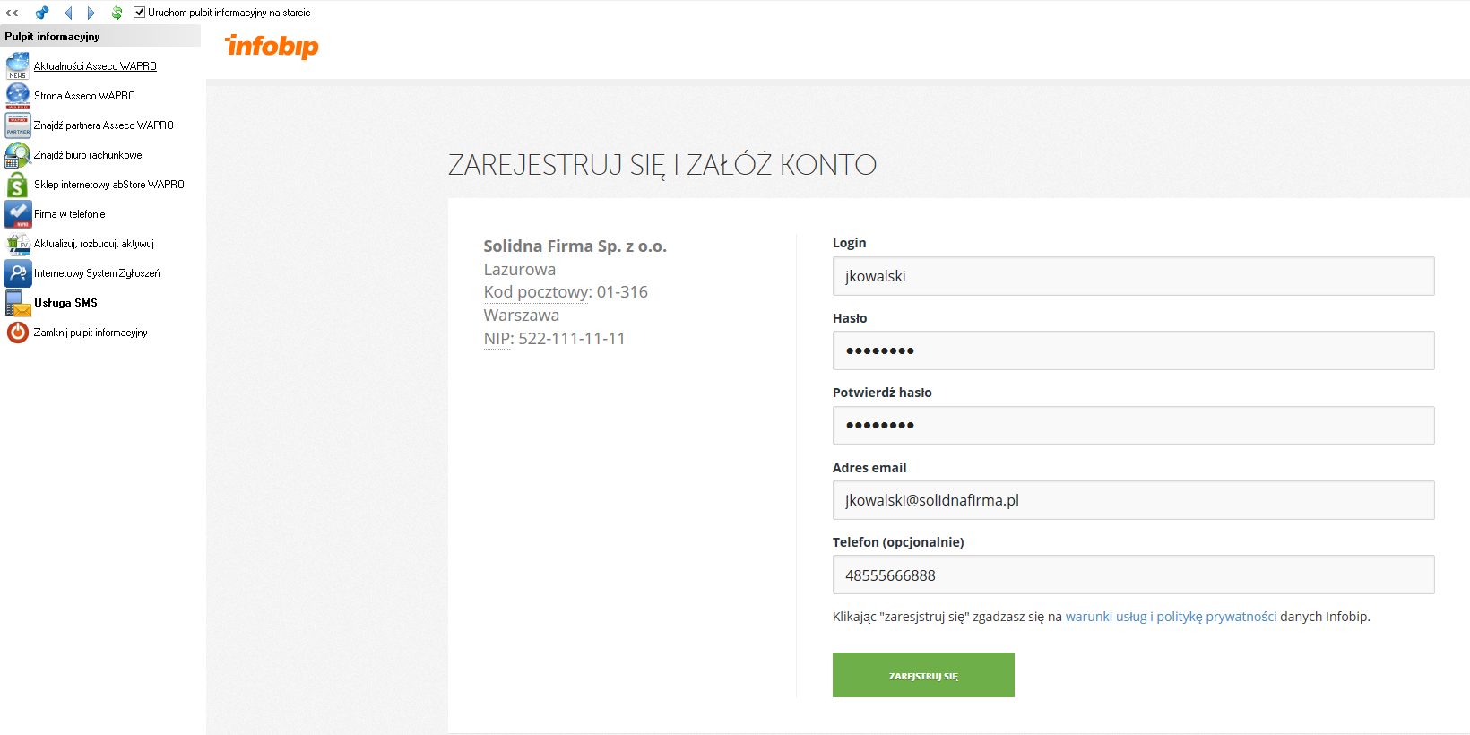 WAPRO Fakir. InfoBip - Okno &quot;Zarejestruj się i załóż konto&quot;