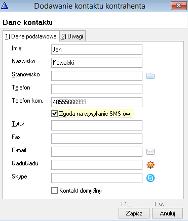 WAPRO Fakir. Okno - Dodawanie kontaktu kontrahenta