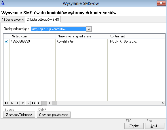 WAPRO Fakir. Okno - Wysyłanie SMS-ów do kontaktów wybranych kontrahentów, Zakładka 2) Lista odbiorców SMS