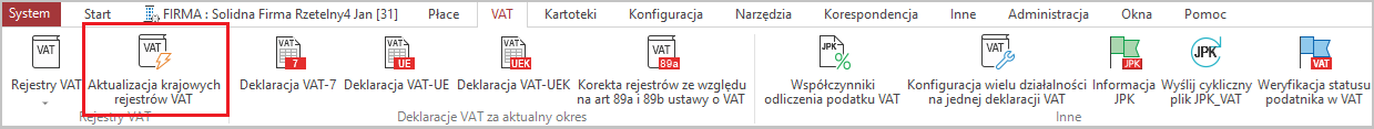 WAPRO Kaper. Główne menu, zakładka &quot;VAT&quot;