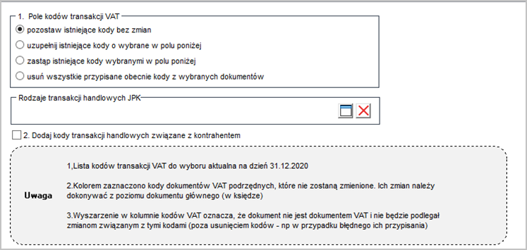 WAPRO Kaper. Opcja „Kody transakcji VAT&quot;