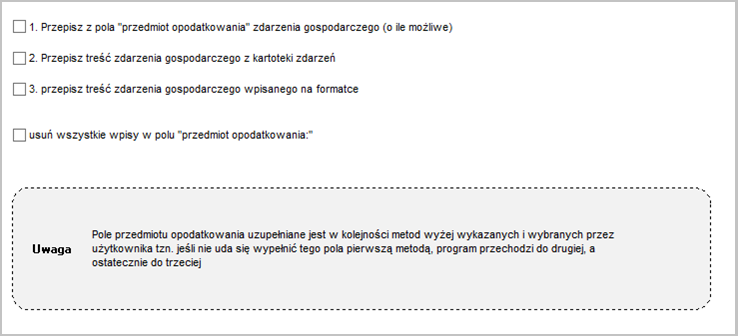 WAPRO Kaper. Opcja „Przedmiot opodatkowania”