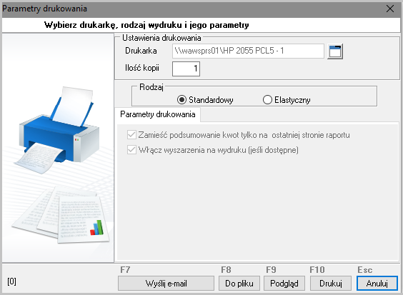 WAPRO Kaper. Okno parametrów wydruku