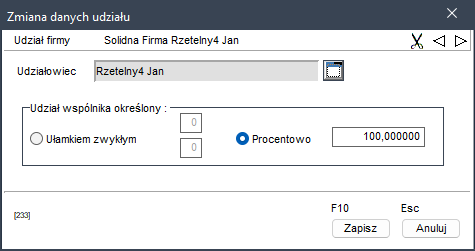 WAPRO Kaper. Formatka - Zmiana danych udziału