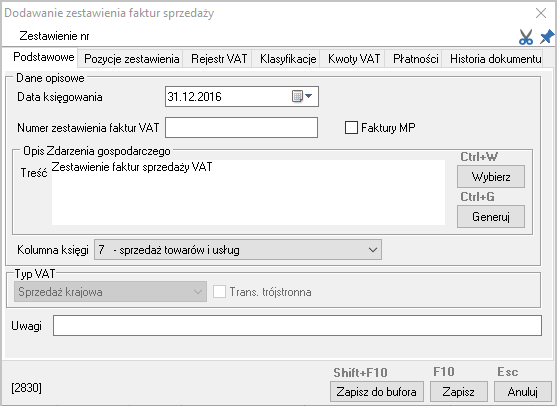 WAPRO Kaper. Okno - Dodawanie zestawienia faktur sprzedaży, zakładka: Podstawowe